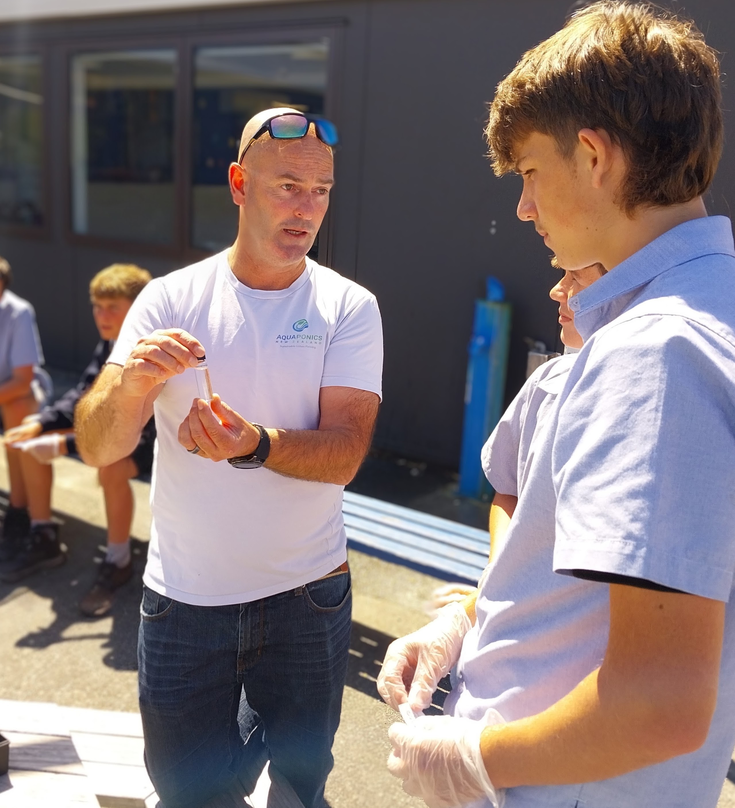 Students testing water quality in an aquaponics system.